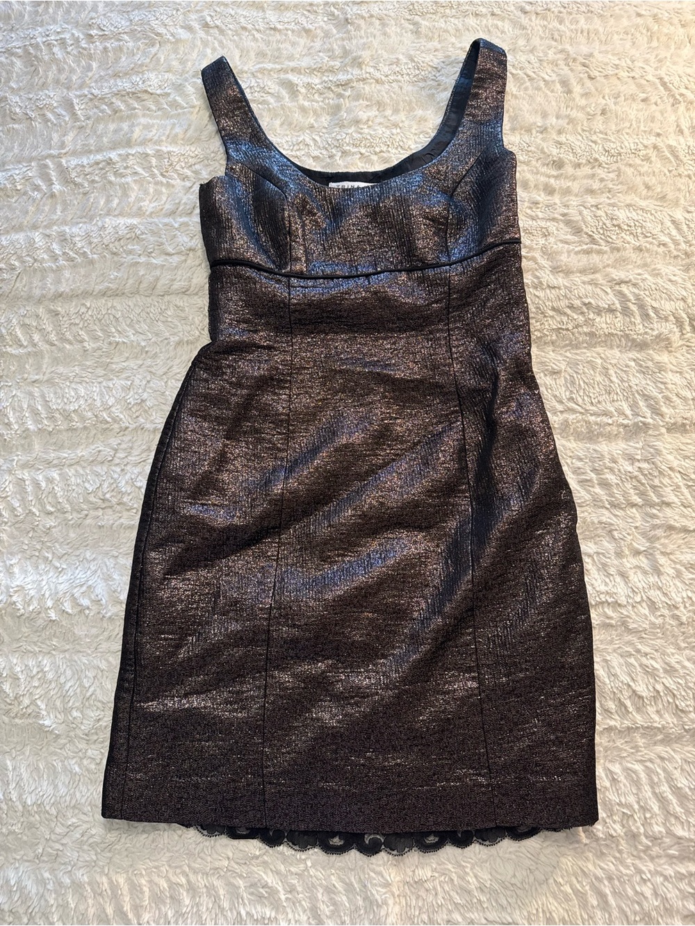 Trina Turk Garreth Metallic Bronze Tweed Sheath Dress with lace Cocktail Mini